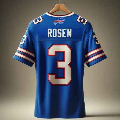 DALL·E 2025-03-13 12.01.15 - A highly realistic Buffalo Bills football jersey with the name 'Rosen' and the number '3' displayed on the back. The jersey is blue with red and white.webp